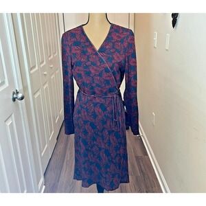 Diane Von Furstenberg DVF Silk Cotton Wrap Dress Leaf Print Long Sleeve